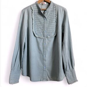 Mazik Bishop Button Down Top Shirt Chambray Light Blue Pleated Fringe Trim S NWT